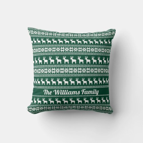Traditional Green Christmas Reindeer Custom Throw Pillow