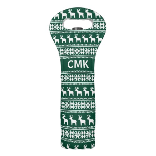 Traditional Green Christmas Reindeer Monogram Wine Bag