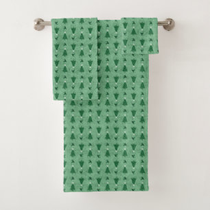 Traditional Green Christmas Trees & Reindeer Bath Towel Set