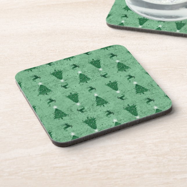 Traditional Green Christmas Trees & Reindeer   Beverage Coaster (Left Side)