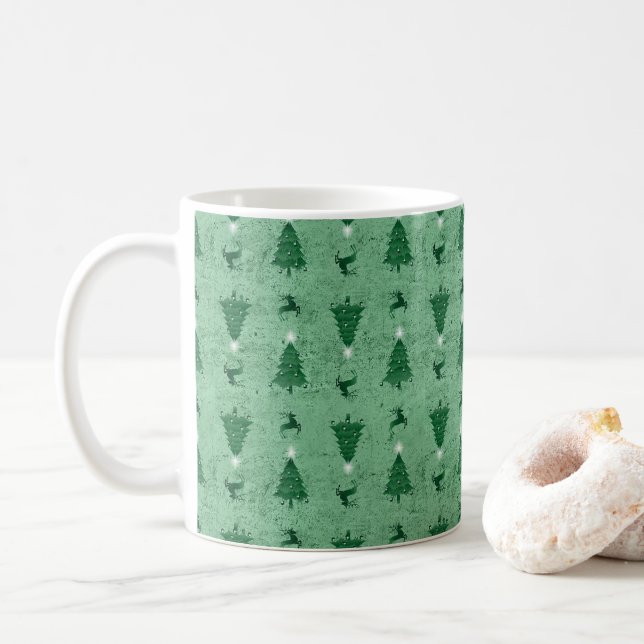 Traditional Green Christmas Trees & Reindeer  Coffee Mug (With Donut)