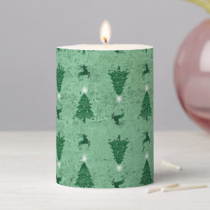 Traditional Green Christmas Trees & Reindeer    Pillar Candle