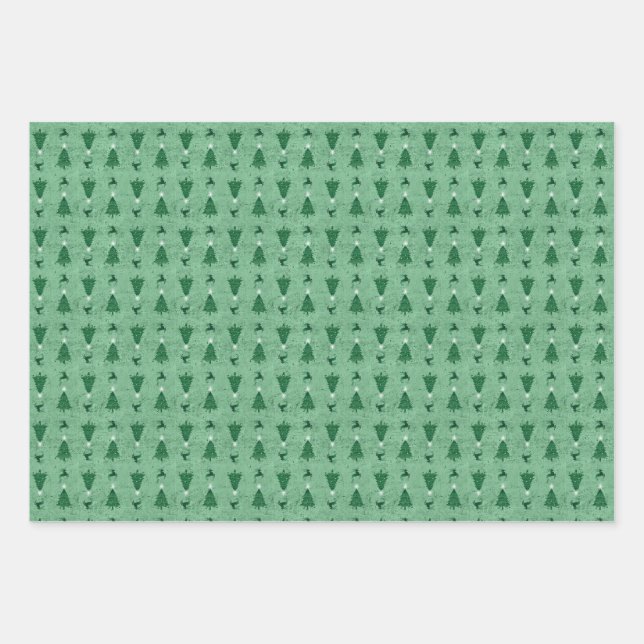 Traditional Green Christmas Trees & Reindeer   Wrapping Paper Sheets (Front)