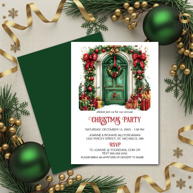 Traditional Green Door Christmas Decorations Party Holiday Card (Creator Uploaded)