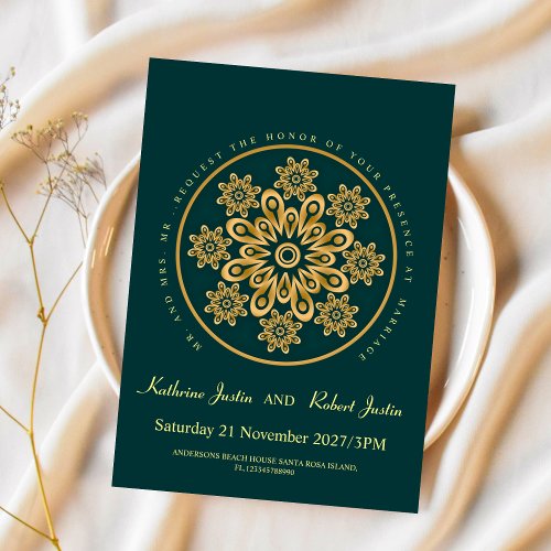 Traditional GREEN GOLD Mandala Indian wedding Invitation