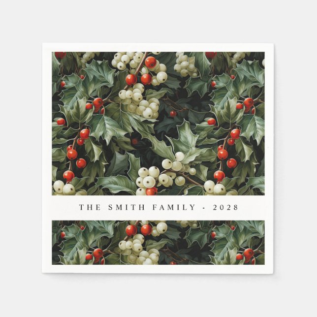 Traditional Green Holly Holiday Napkins (Front)