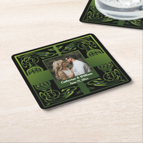 Traditional Green Irish Celtic Design    Square Paper Coaster