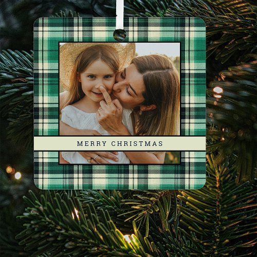 Traditional Green Plaid 2 Photo Christmas Tree Metal Ornament