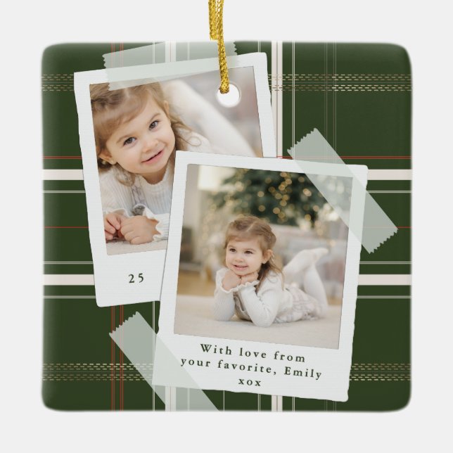 Traditional Green Plaid 2 Photo Keepsake Christmas Ceramic Ornament (Front)