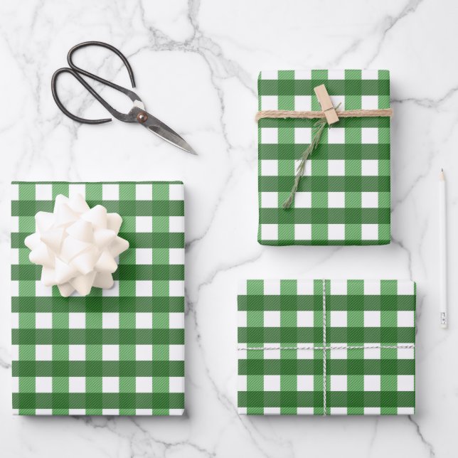 Traditional green white Gingham plaid grid pattern Wrapping Paper Sheets (Front)
