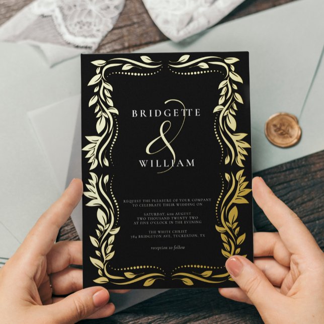 Traditional Greenery Classic Black & Gold Wedding Foil Invitation (Creator Uploaded)