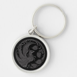 Traditional Grey Phoenix Circle on Black Keychain