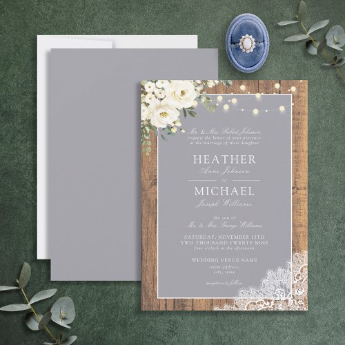 Traditional Grey Rustic Wood Lace Script Wedding Invitation