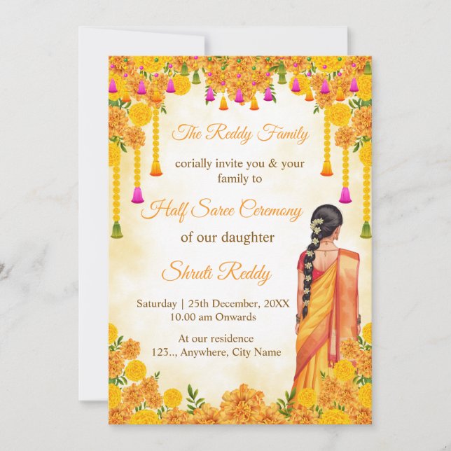 Traditional Half Saree Ceremony Invitation (Front)