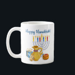 Traditional Happy Hanukkah Chag Sameach Menorah Coffee Mug<br><div class="desc">This beautifully illustrated mug is the perfect way to share warm greetings during the Festival of Lights. The classic, traditional design features a rich composition of all the cherished Hanukkah elements: the Menorah, oil pitcher, dreidel, and Sufganiyot donut. For maximum appeal, this mug displays the design on both sides with...</div>