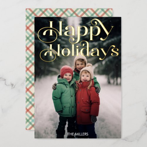 Traditional Happy Holidays Minimal 1 Photo Elegant Foil Holiday Card
