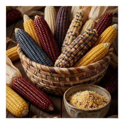 Traditional Harvest Basket With Corn And Grains Fl Poster