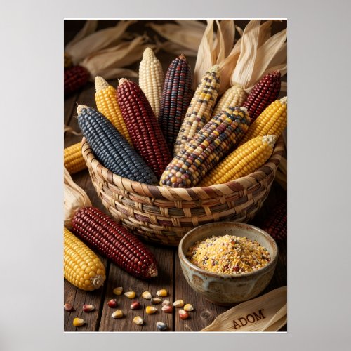 Traditional Harvest Basket With Corn And Grains Fl Poster