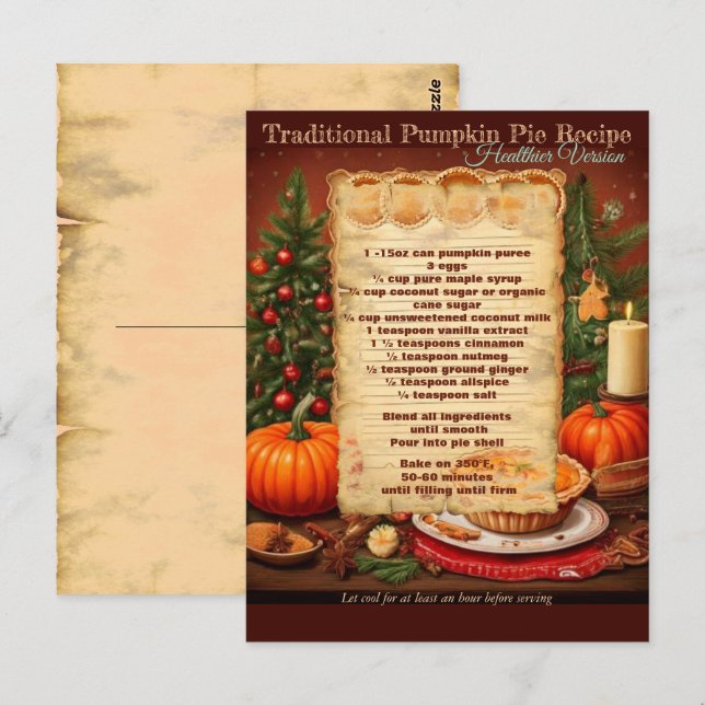 Traditional Healthier Pumpkin Pie Recipe Postcard (Front/Back)