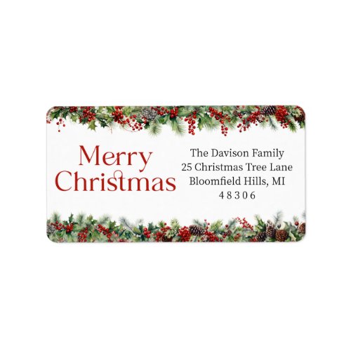 Traditional holiday greenery red holly berries label