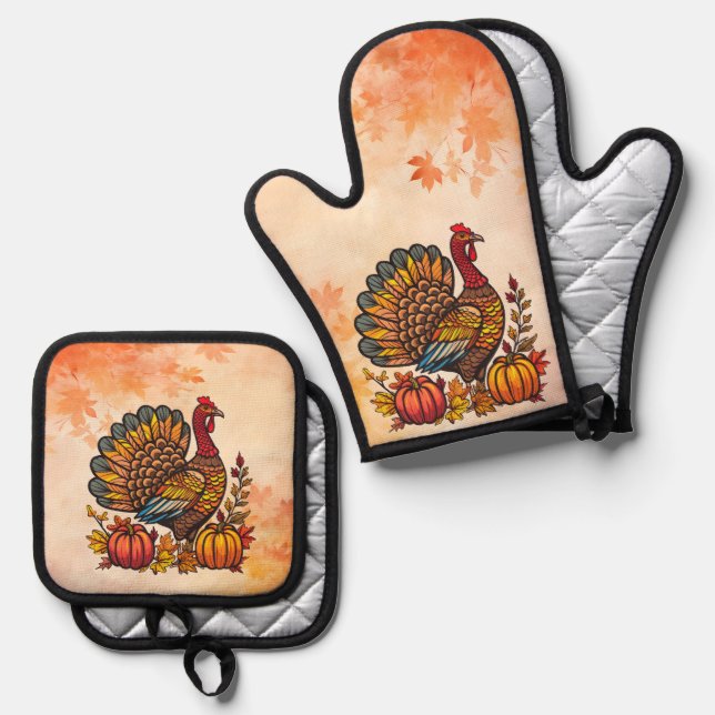 Traditional Holiday Thanksgiving Oven Mitt & Pot Holder Set (Front/Back)