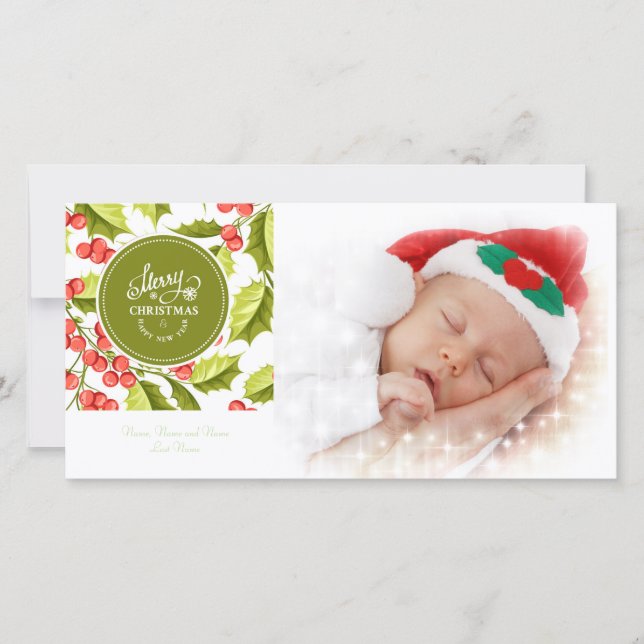 Traditional Holly Design Merry Christmas Photo Holiday Card (Front)