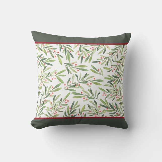 Traditional Holly Red Berries Christmas Holiday Throw Pillow (Front)