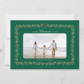 traditional hunter green botanical bow photo holiday card