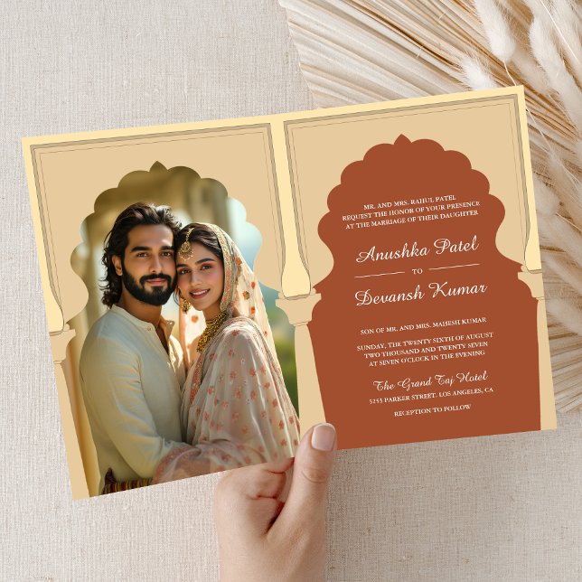 Traditional Indian Arch Terracotta Photo Wedding Invitation (Creator Uploaded)