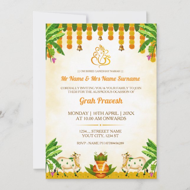 Traditional Indian Graha Pravesh Invitation Card (Front)