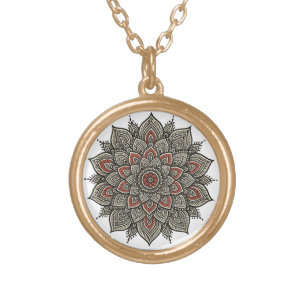 Traditional Indian Mandala Art in Black and Red Gold Plated Necklace