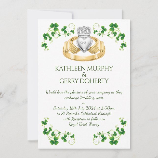 Traditional Irish Claddagh Ring and Shamrocks  Invitation (Front)