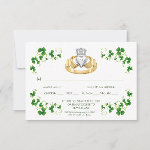 Traditional Irish Claddagh Ring and Shamrocks RSVP Card