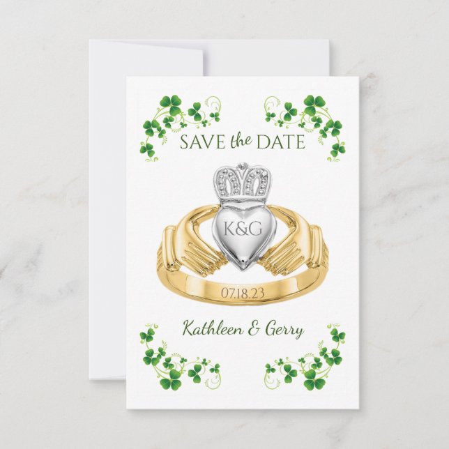 Traditional Irish Claddagh Ring and Shamrocks Save The Date (Front)