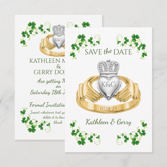 Traditional Irish Claddagh Ring and Shamrocks Save The Date (Front/Back)