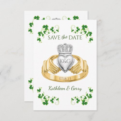 Traditional Irish Claddagh Ring and Shamrocks Save The Date