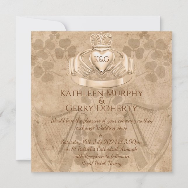 Traditional Irish Claddagh Ring Shamrock & Harp Invitation (Front)