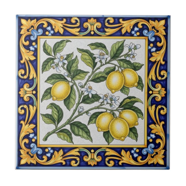 Traditional Italian Majolica Lemon Ceramic Tile (Front)