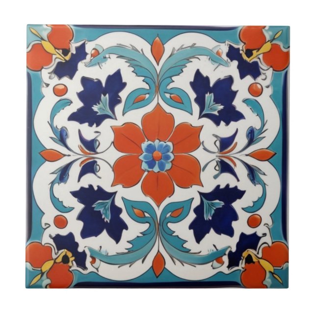 Traditional Iznik Turkish Classic Floral Red Blue Ceramic Tile (Front)