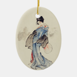 Traditional Japanese Art of Geisha in Kimono Ceramic Ornament