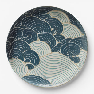 Traditional Japanese Blue Wave Ceramic Design Paper Plates