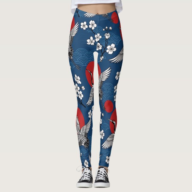 Traditional Japanese Crane and Sakura Zen Pattern Leggings (Front)