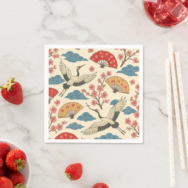 Traditional Japanese Crane & Sakura Pattern Decor Napkins (Insitu)