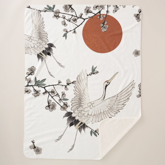 Traditional Japanese crane with plum blossom  Sherpa Blanket (Front)