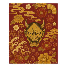 "Traditional Japanese Demon Art with Floral Waves"