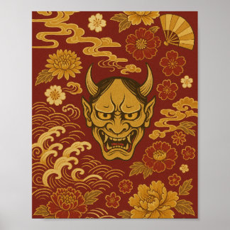 "Traditional Japanese Demon Art with Floral Waves" Poster