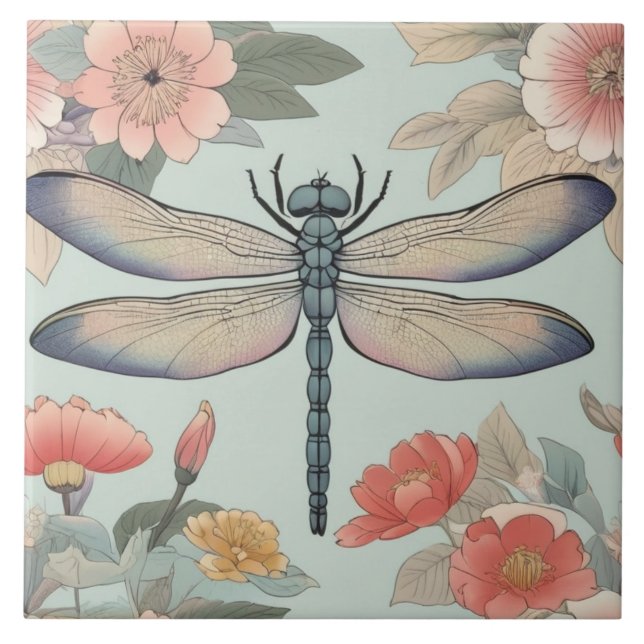 Traditional Japanese Dragonfly Art Floral Mint Ceramic Tile (Front)