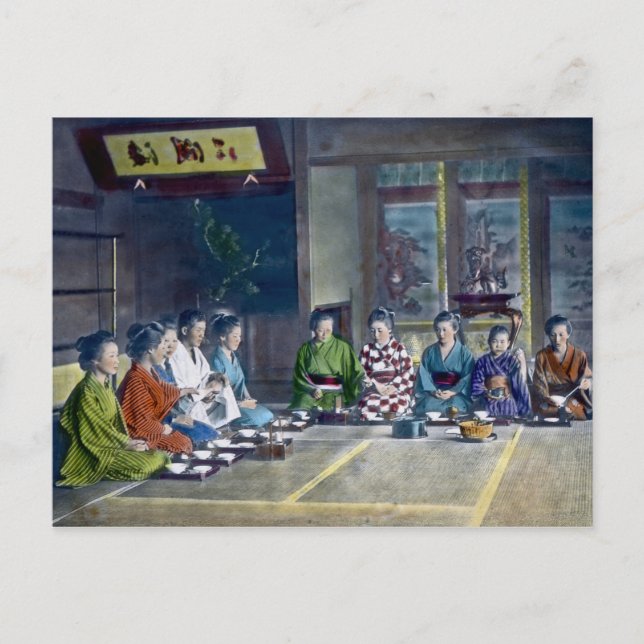 Traditional Japanese Family Meal Hand Tinted 家族 Postcard (Front)
