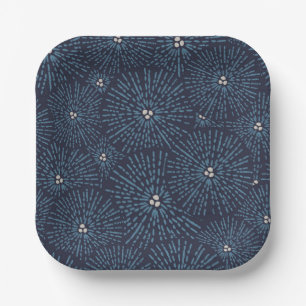 Traditional Japanese floral geometric blue white Paper Plates