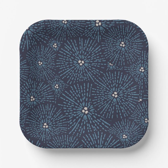 Traditional Japanese floral geometric blue white  Paper Plates (Front)